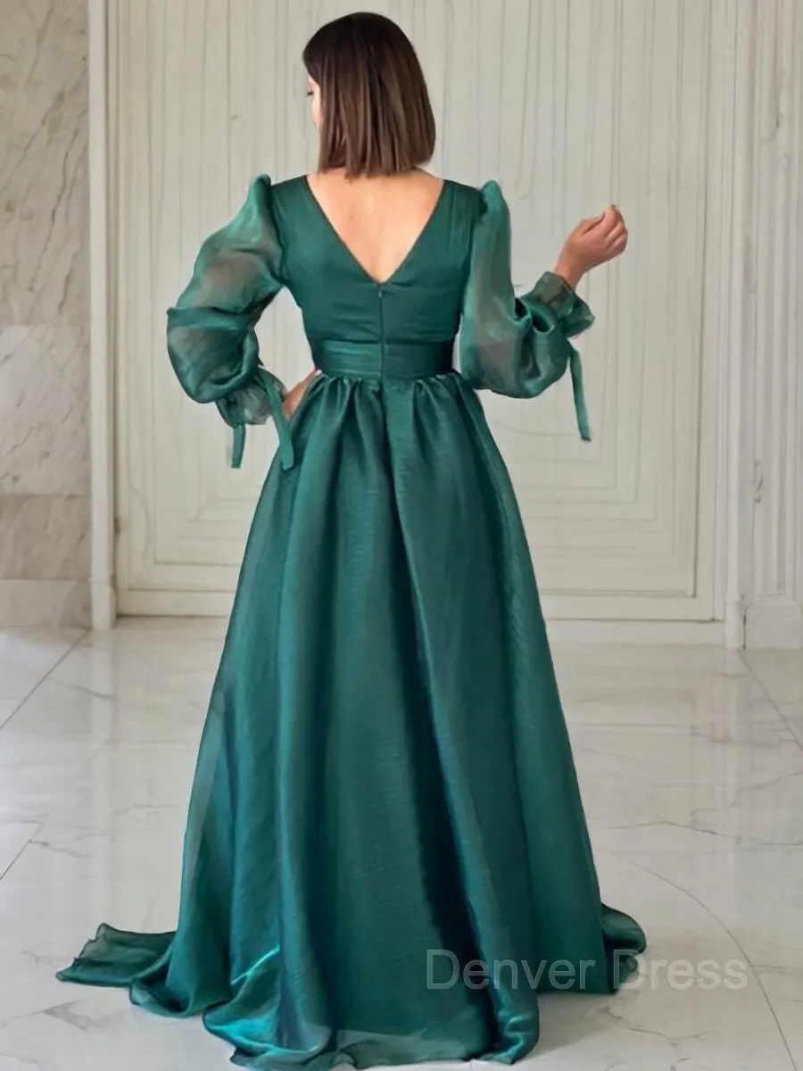 A-Line V-neck Sweep Train Organza Evening Dresses With Ruffles