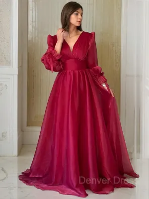 A-Line V-neck Sweep Train Organza Evening Dresses With Ruffles