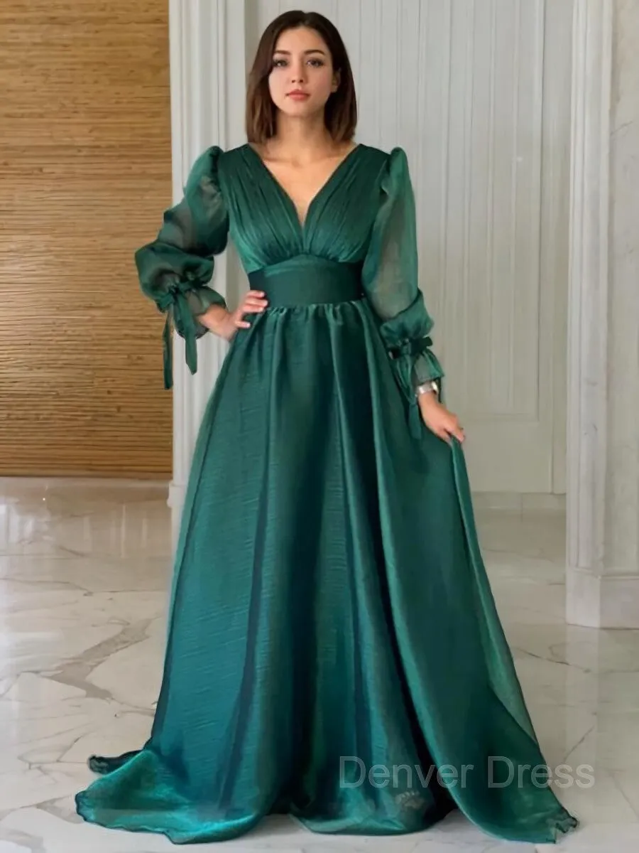 A-Line V-neck Sweep Train Organza Evening Dresses With Ruffles
