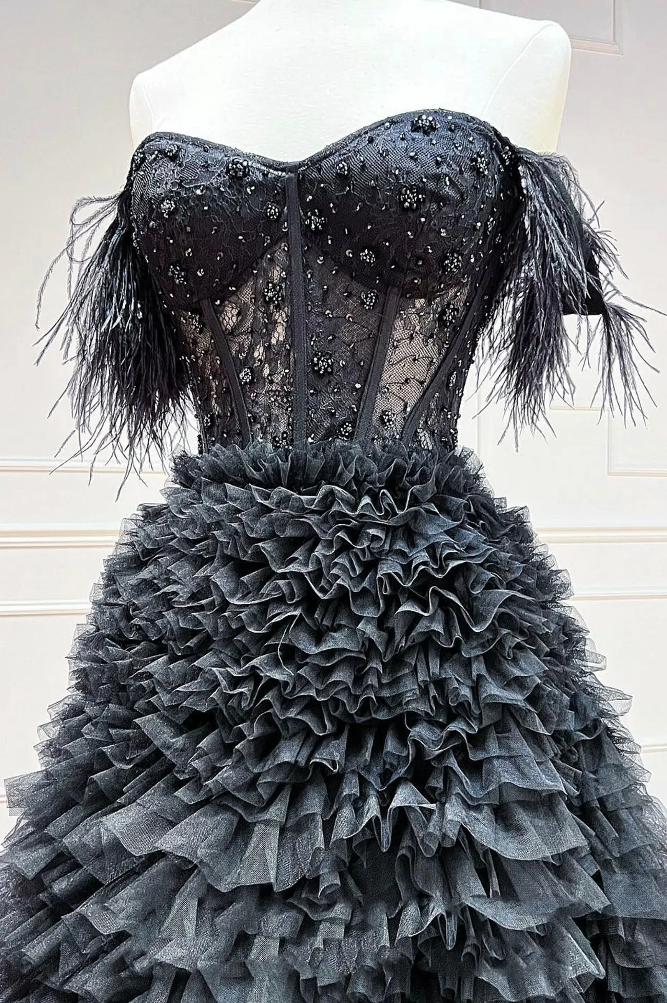 Black Tulle Long Ball Gown A-Line Off the Shoulder Evening Gown