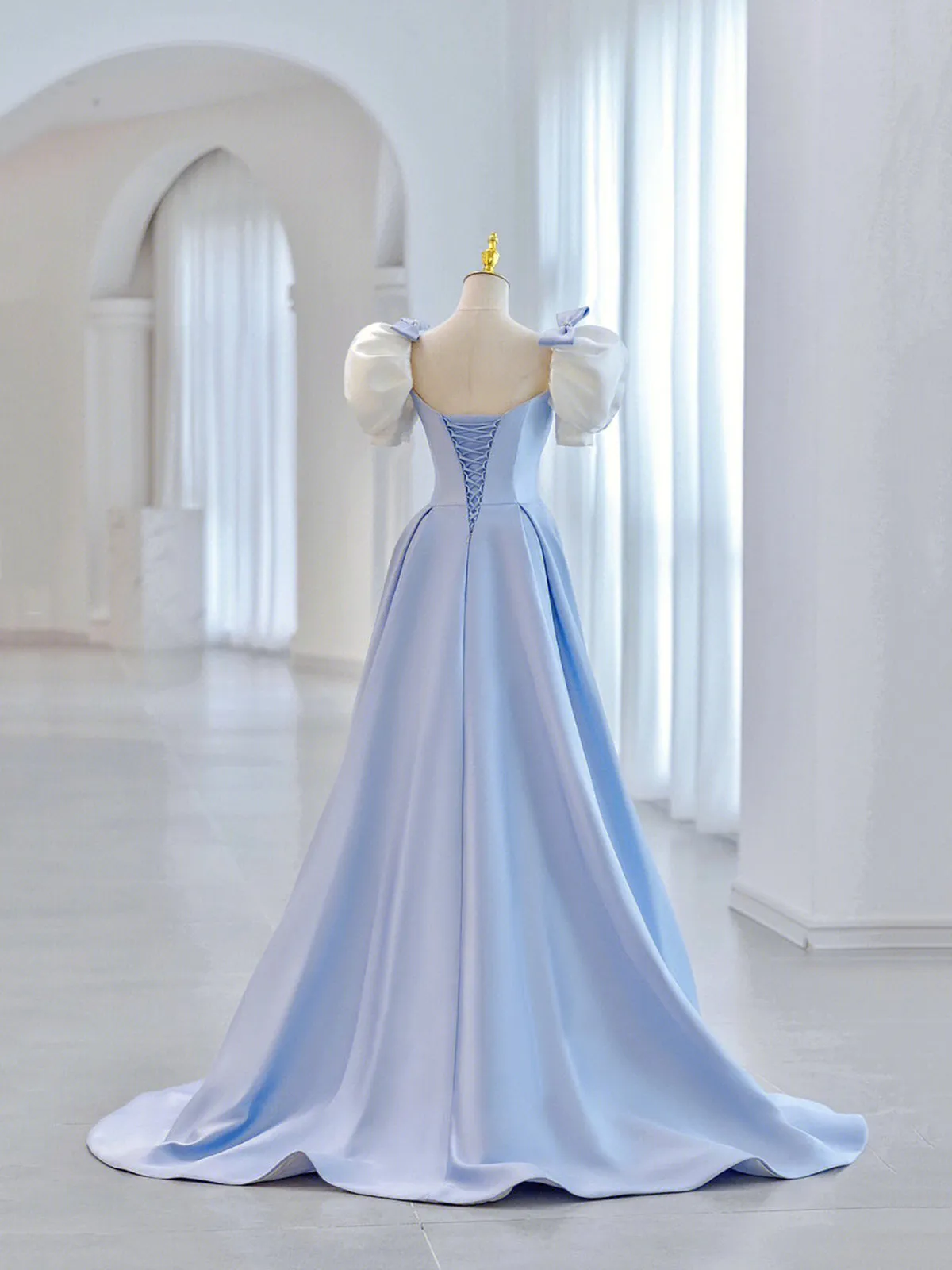 Blue Short Sleeve Saitn Formal Evening Dress Cute A-Line Junior Prom Dress