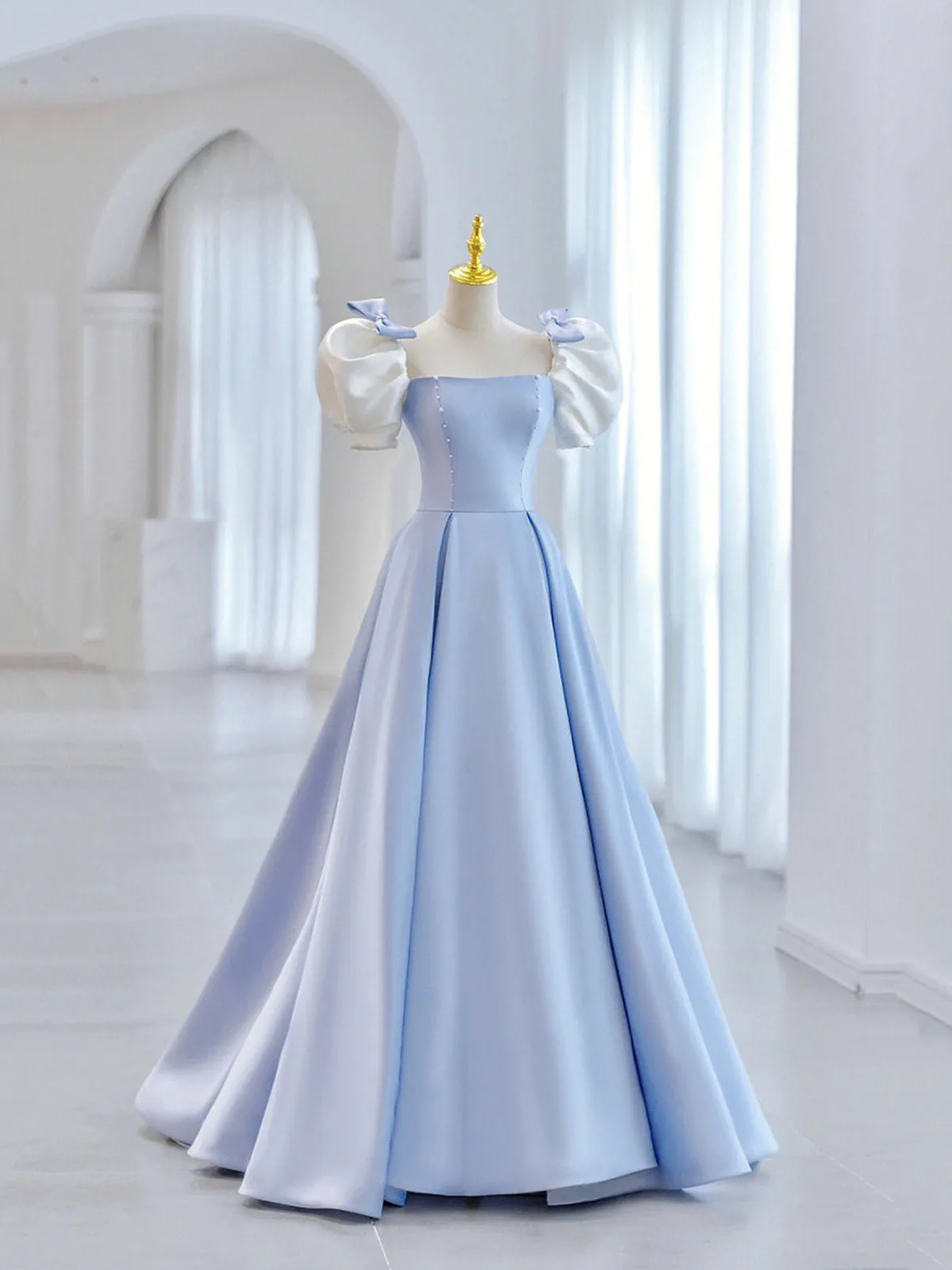 Blue Short Sleeve Saitn Formal Evening Dress Cute A-Line Junior Prom Dress