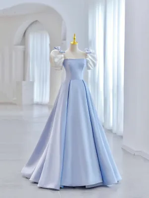 Blue Short Sleeve Saitn Formal Evening Dress Cute A-Line Junior Prom Dress