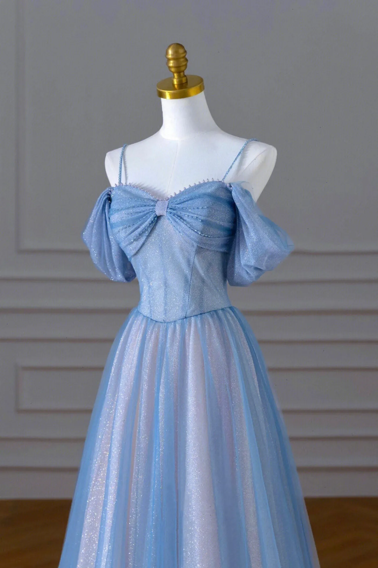 Blue Spaghetti Strap Tulle Floor Length Prom Dress A-Line Evening Dress