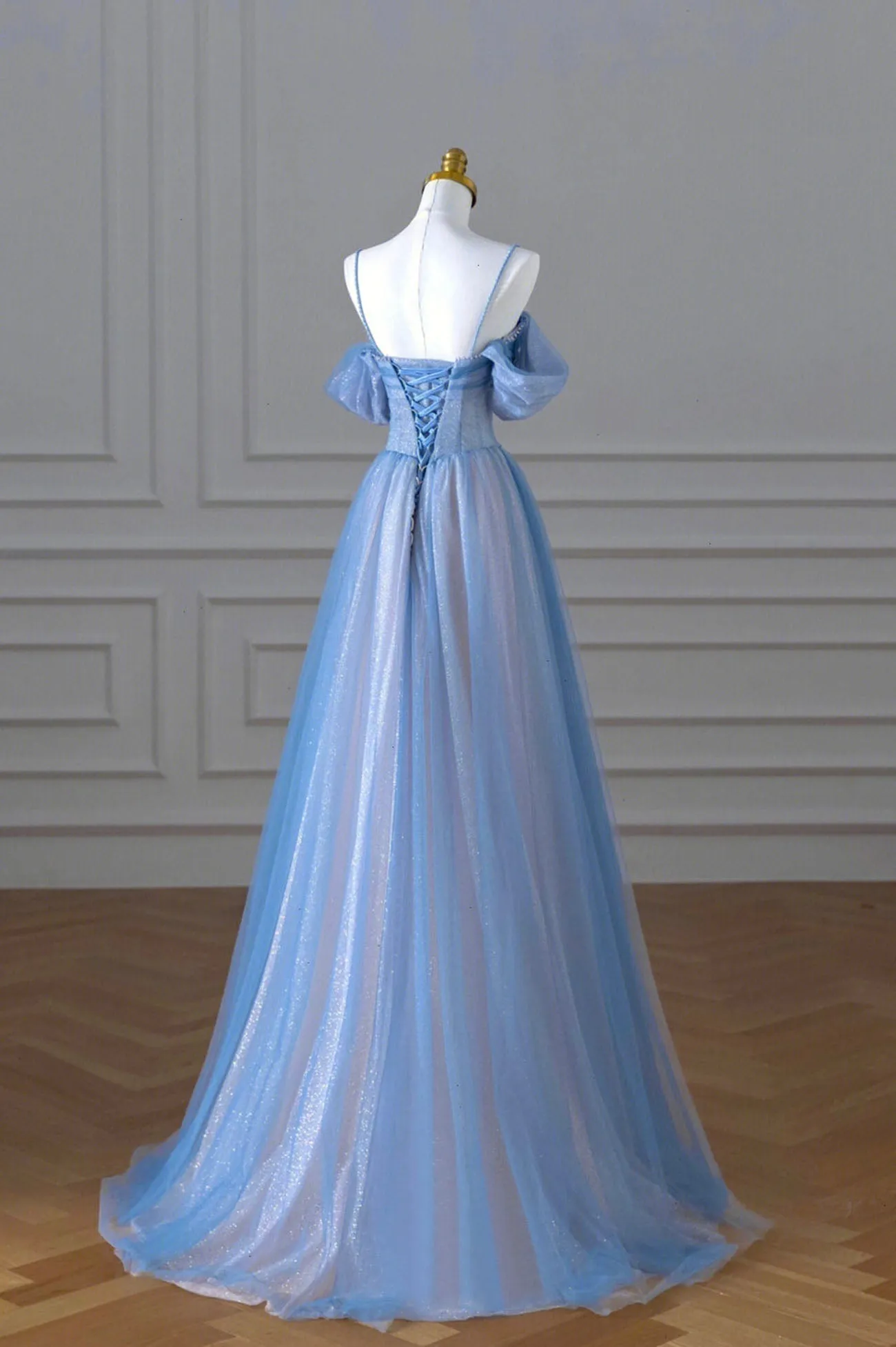 Blue Spaghetti Strap Tulle Floor Length Prom Dress A-Line Evening Dress