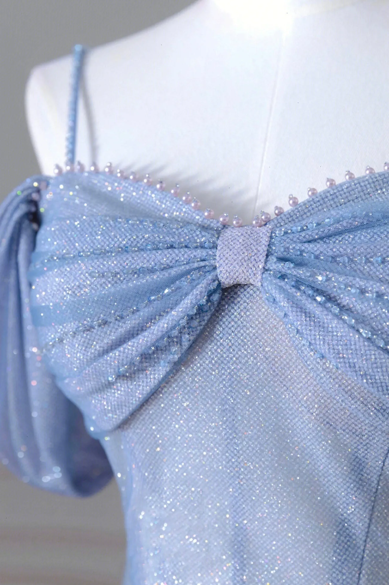 Blue Spaghetti Strap Tulle Floor Length Prom Dress A-Line Evening Dress