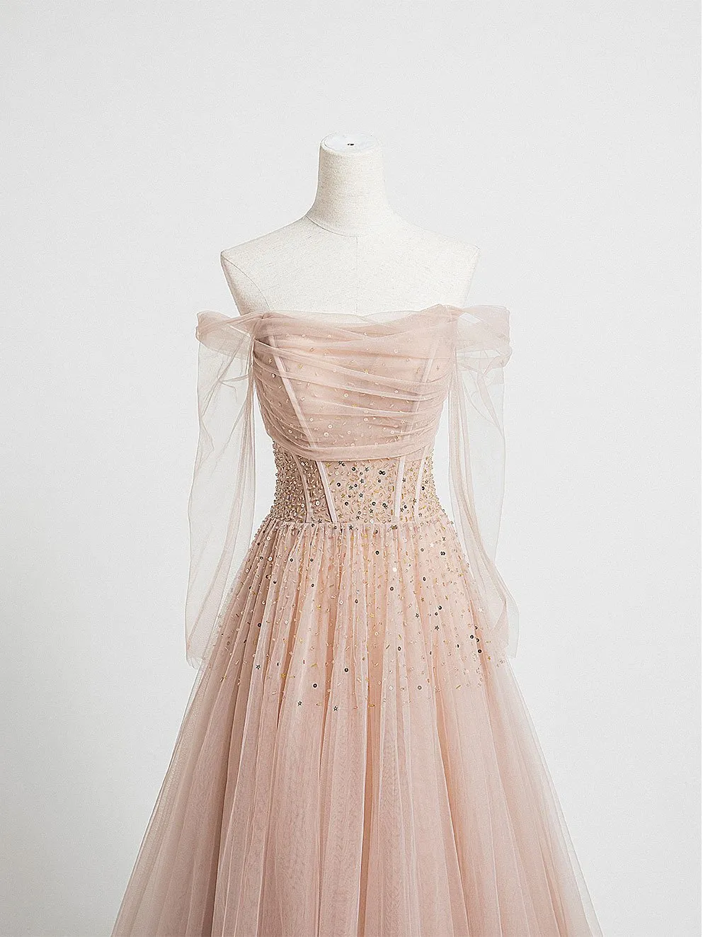 Champagne Pink Tulle Beads Long Prom Dress, Champagne Evening Dress