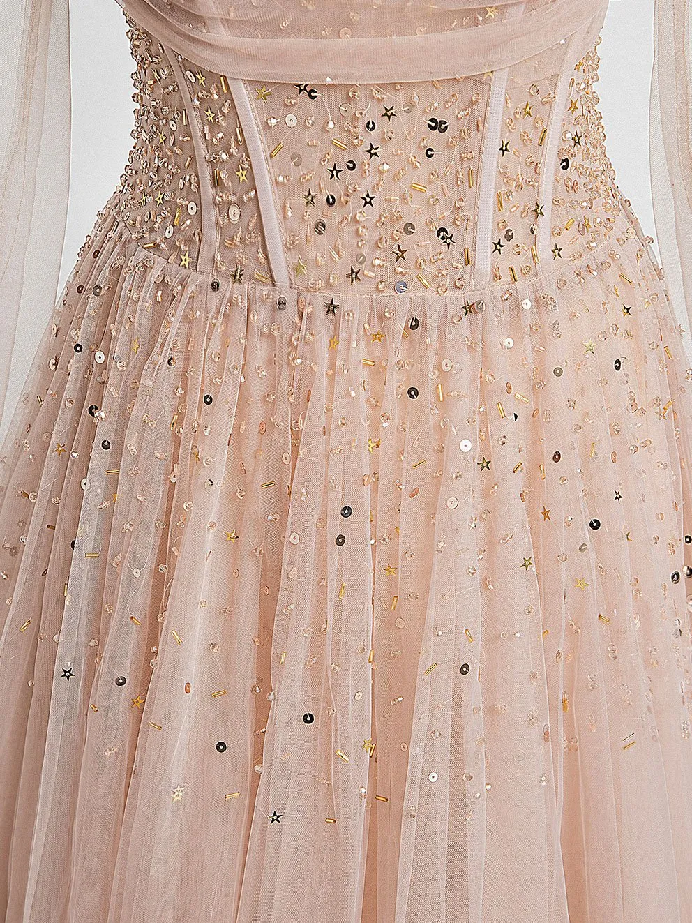 Champagne Pink Tulle Beads Long Prom Dress, Champagne Evening Dress