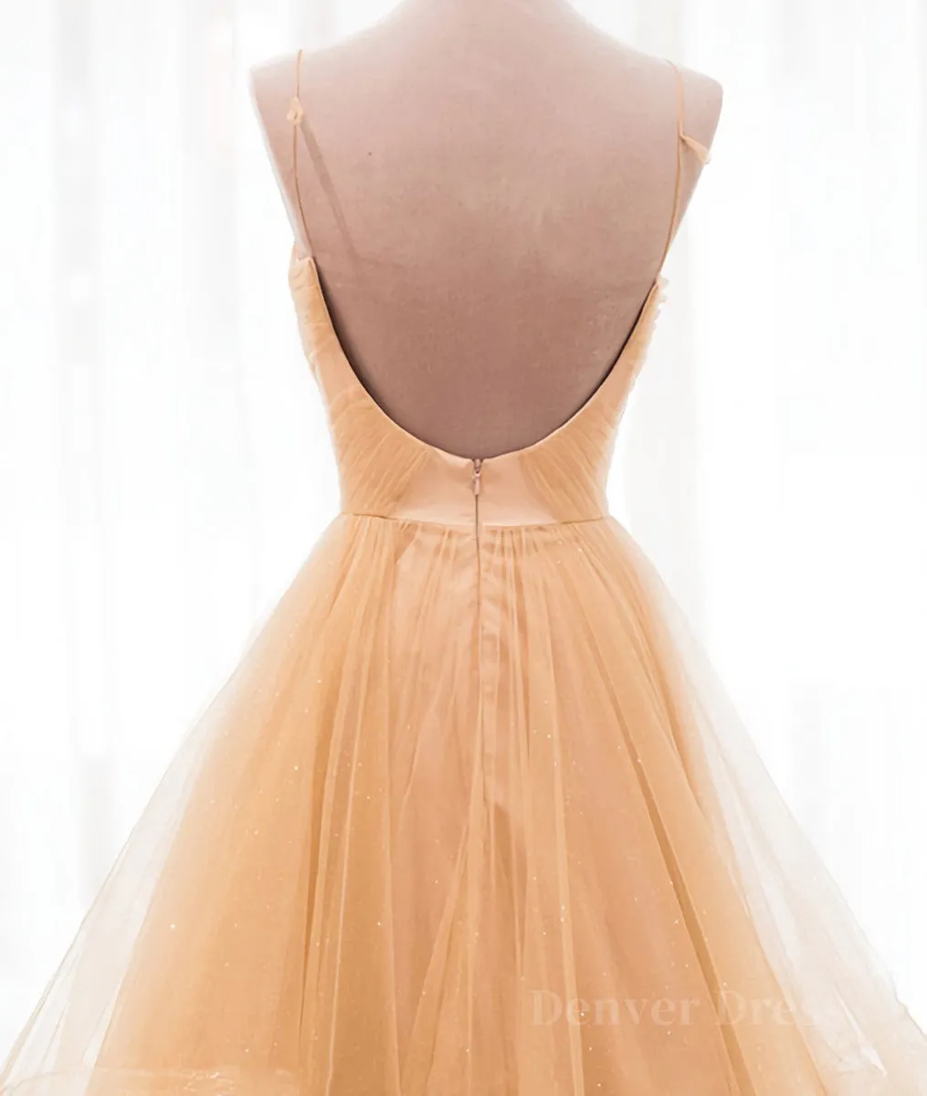 Champagne tulle long prom dress champagne evening dress