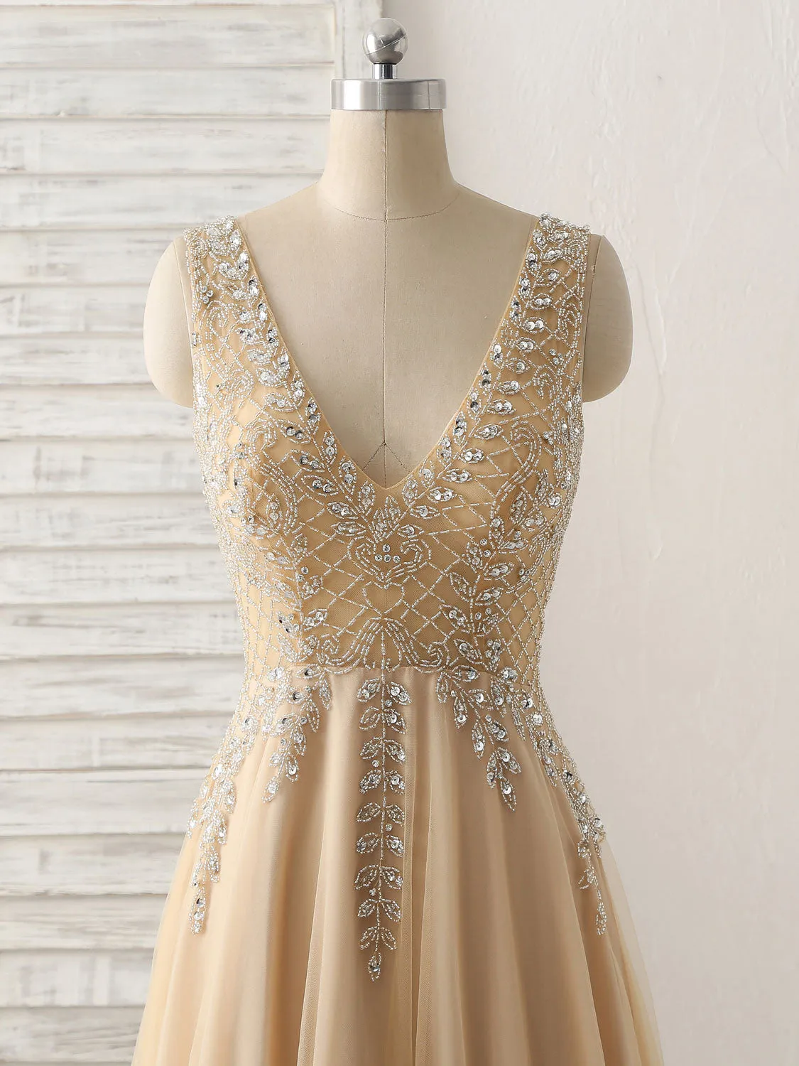 Champagne V Neck Beads Long Prom Dress Tulle Evening Dress