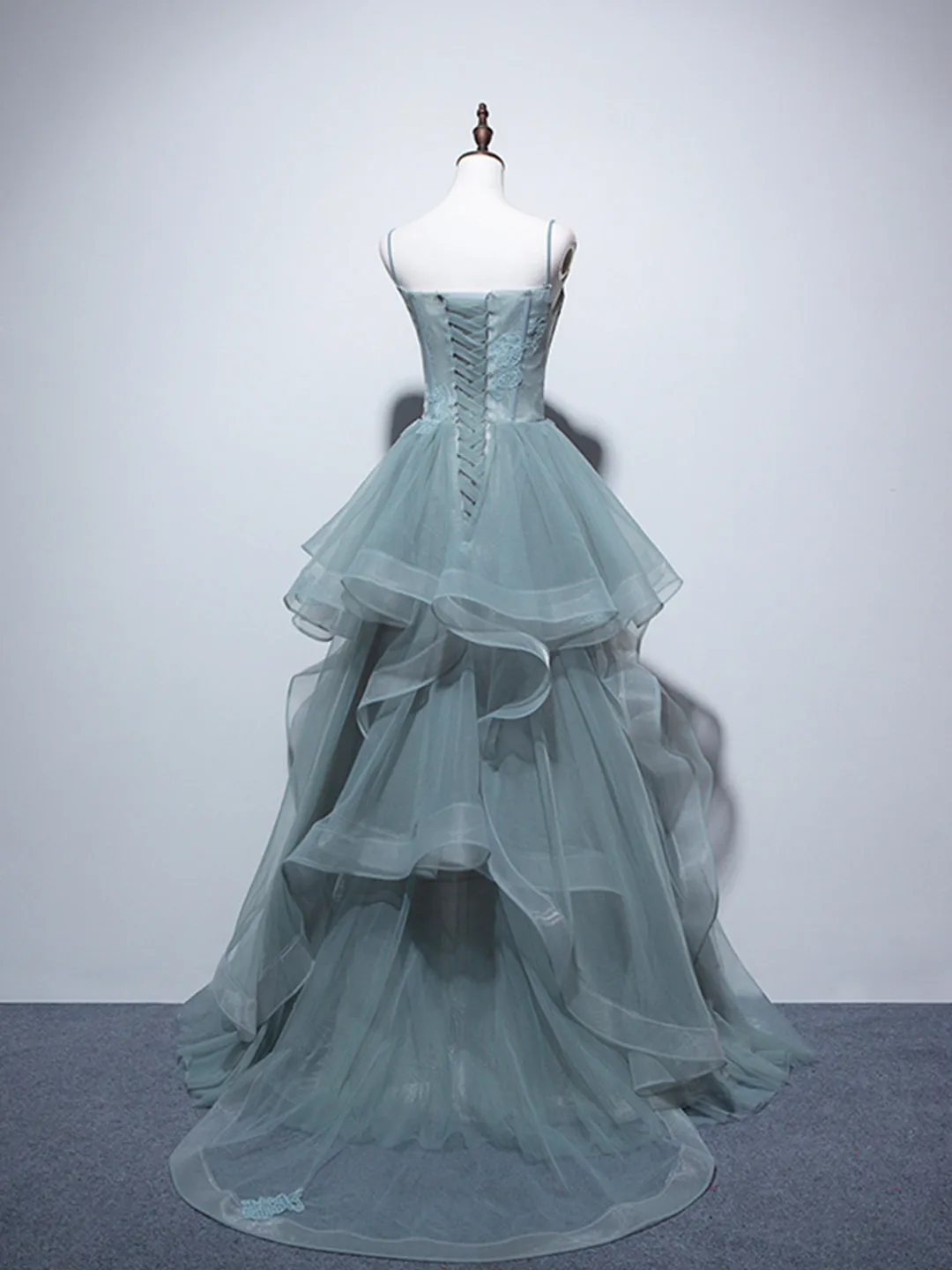 Dusty Green Spaghetti Strap Ruffled Floor-length Formal Dress Cute Tulle Lace Evening Party Dress