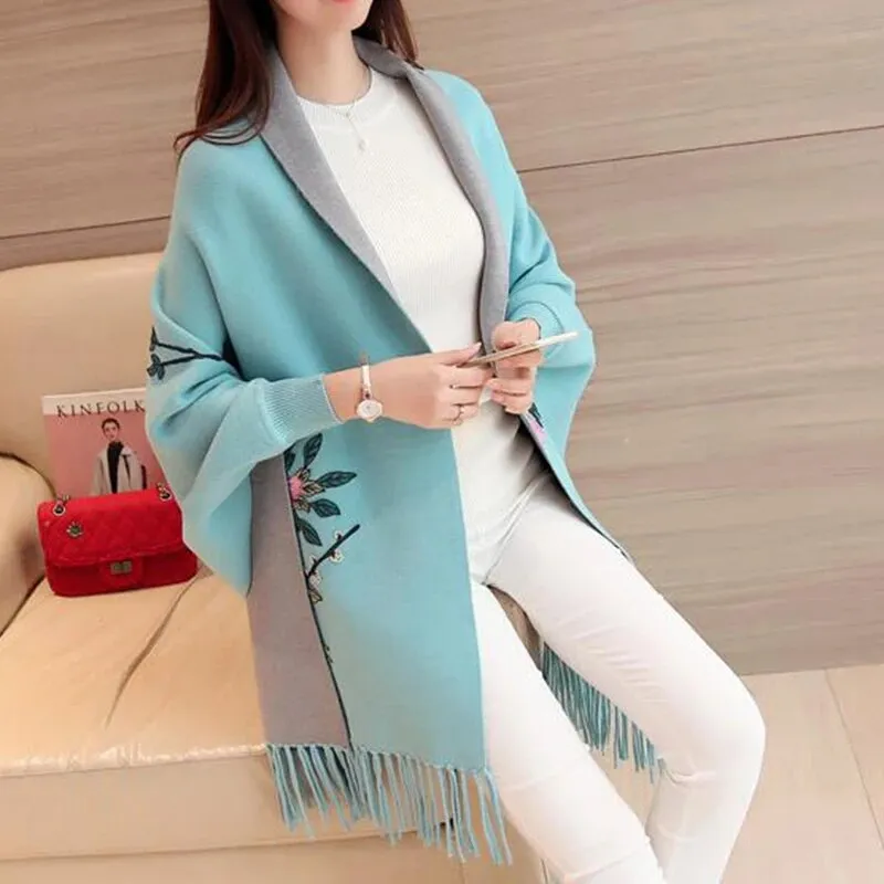 Embroidery Floral Tassel Trench Coats Women Cloak Long Sleeves Knitted Cardigan Sweater Windbreaker Winter