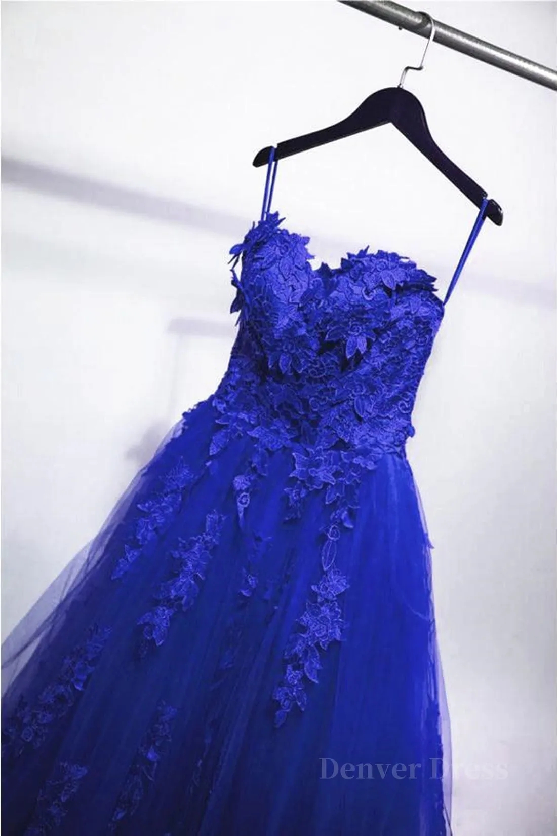 Gorgeous Blue Lace Floral Long Prom Dress Blue Appliques Formal Evening Dress Blue Ball Gown