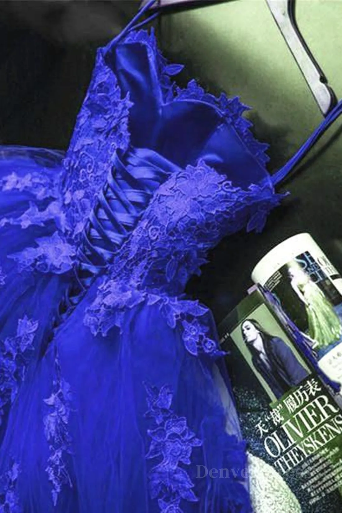 Gorgeous Blue Lace Floral Long Prom Dress Blue Appliques Formal Evening Dress Blue Ball Gown