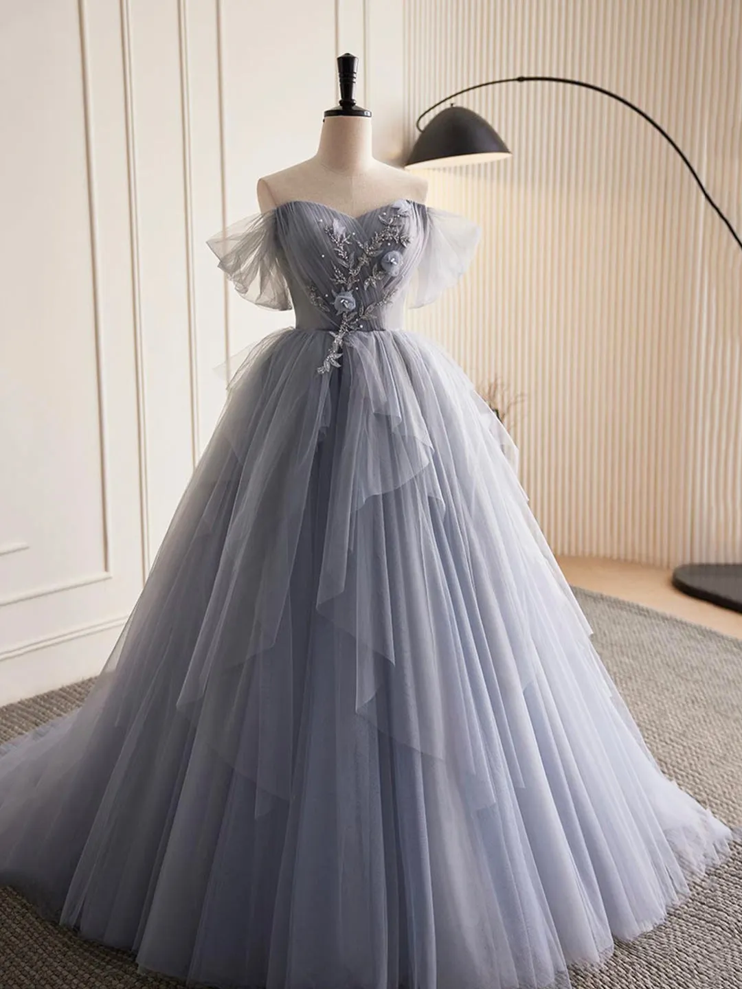 Gray Tulle Long A-Line Prom Dress Off Shoulder Evening Dress Party Dress