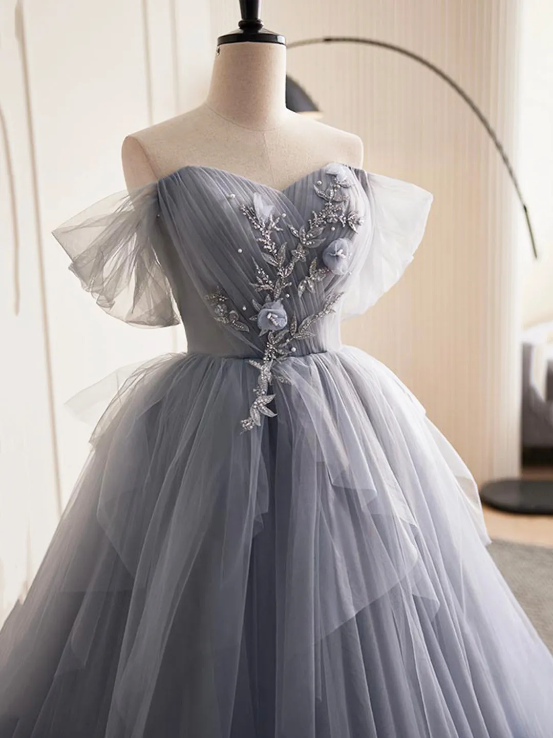 Gray Tulle Long A-Line Prom Dress Off Shoulder Evening Dress Party Dress