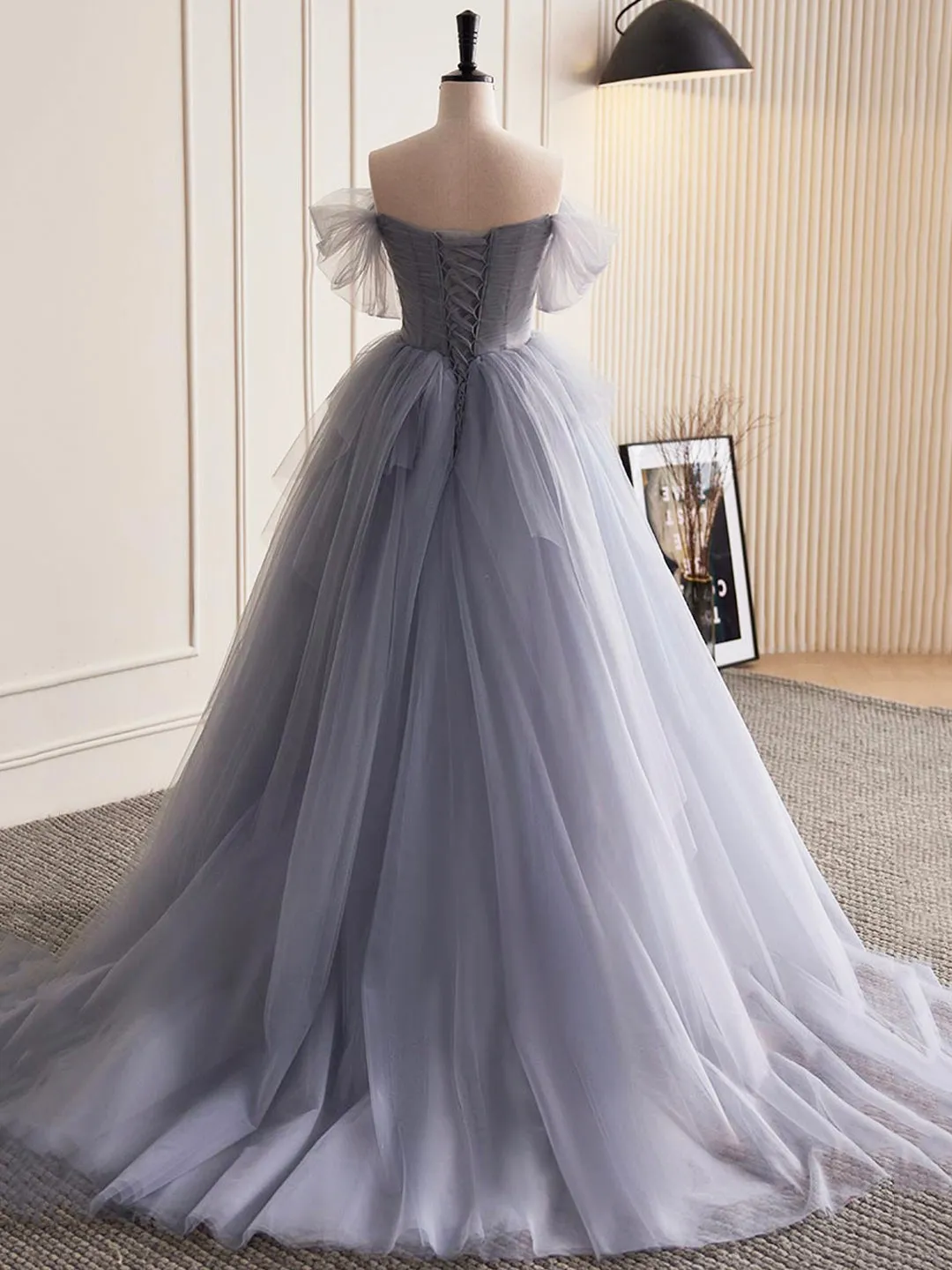 Gray Tulle Long A-Line Prom Dress Off Shoulder Evening Dress Party Dress