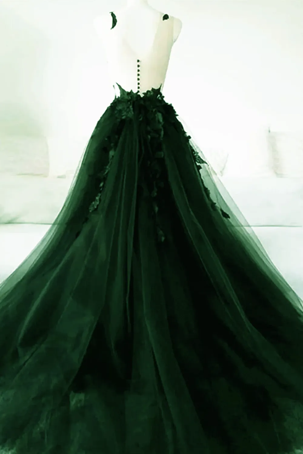 Green A-Line Tulle With Lace Low Back Prom Dress Green Tulle Evening Dress Party Dress