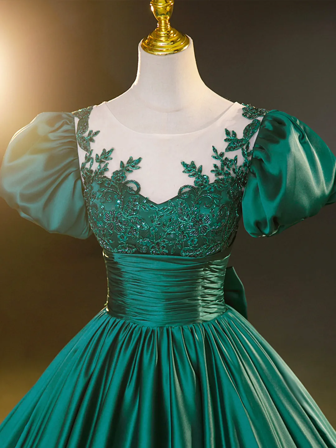 Green Satin Lace Floor Length Formal Dress Short Sleeve A-Line Evening Dress