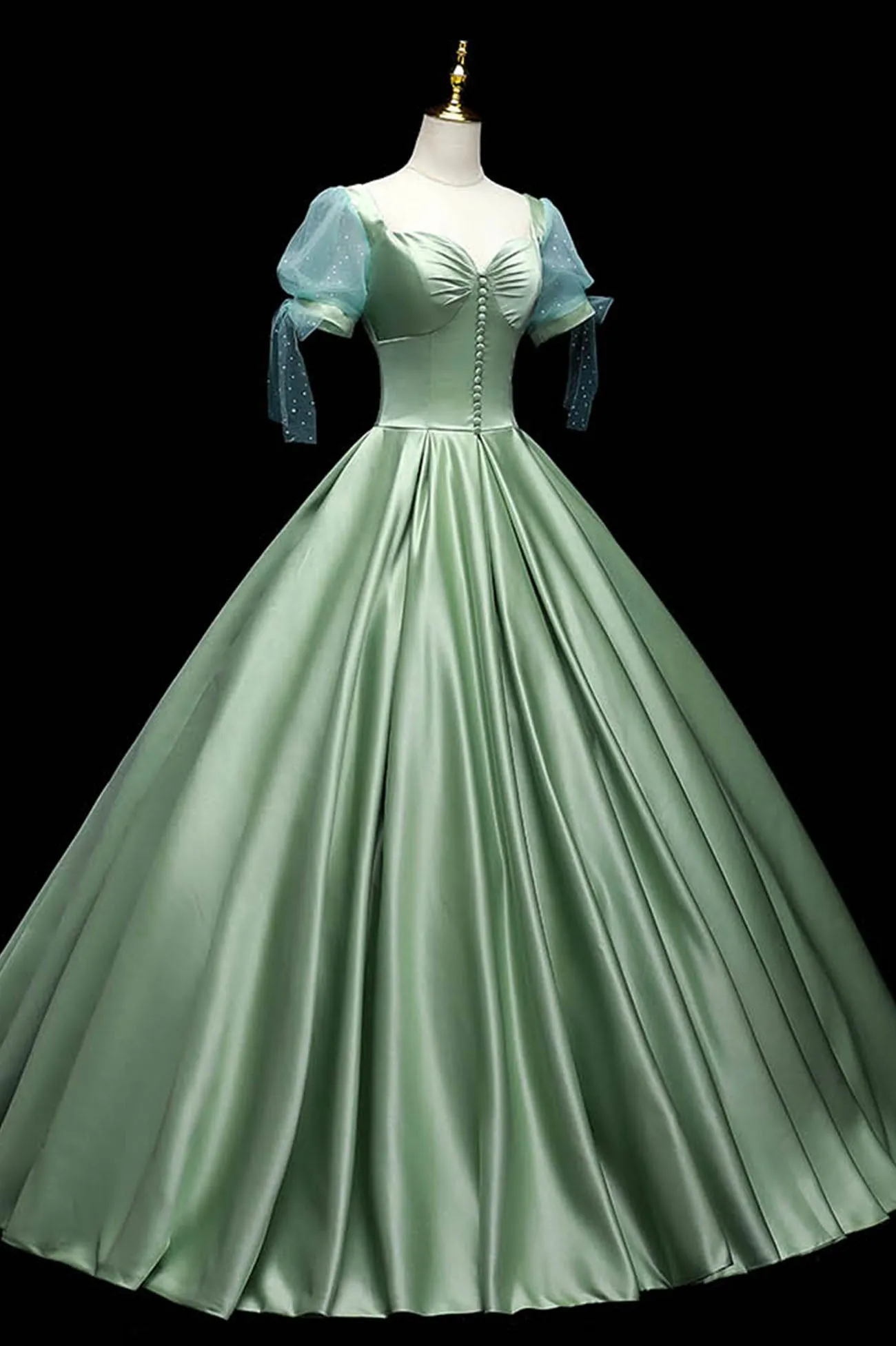 Green Satin Long A-Line Ball Gown Green Short Sleeve Evening Gown