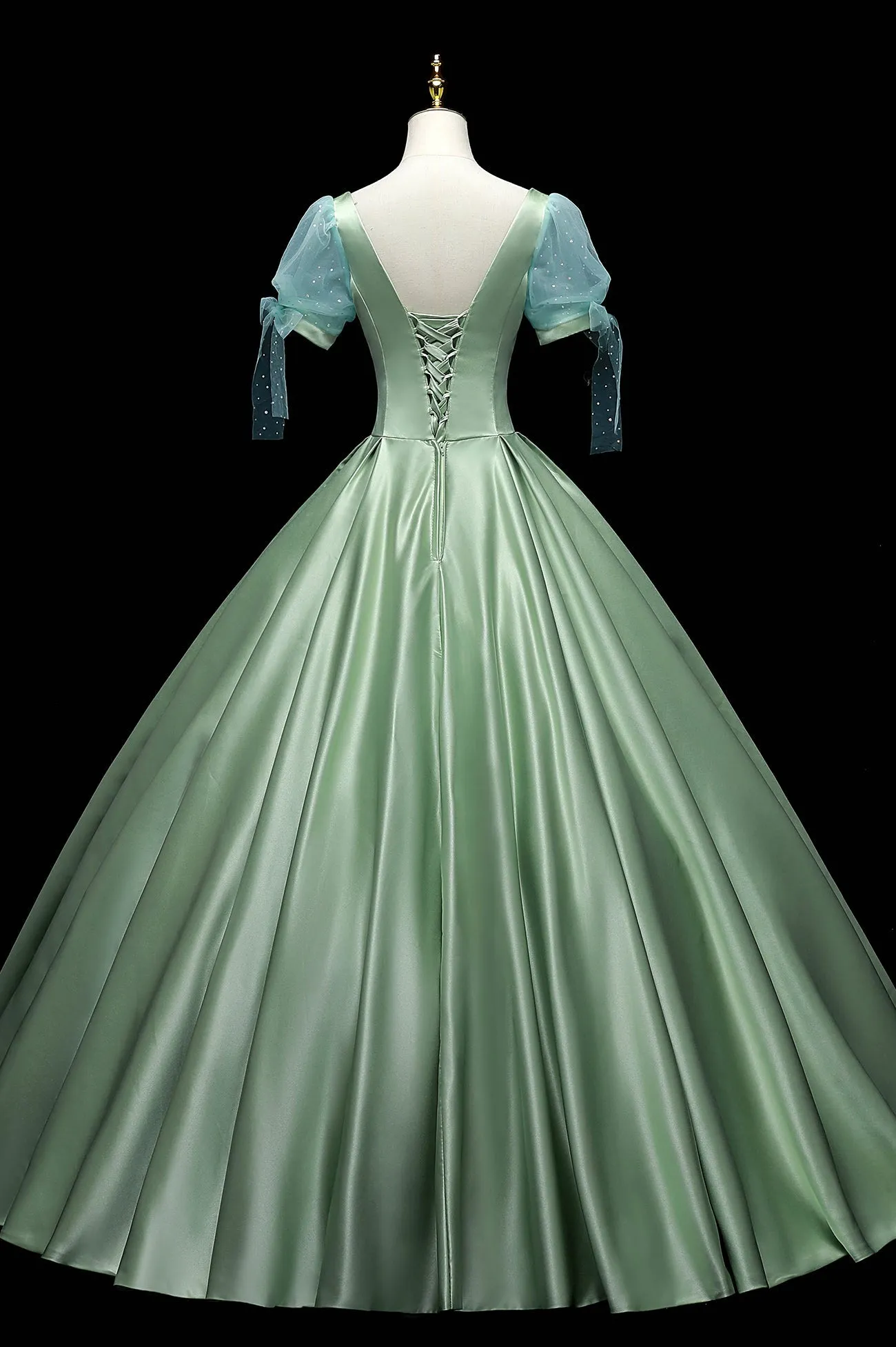 Green Satin Long A-Line Ball Gown Green Short Sleeve Evening Gown