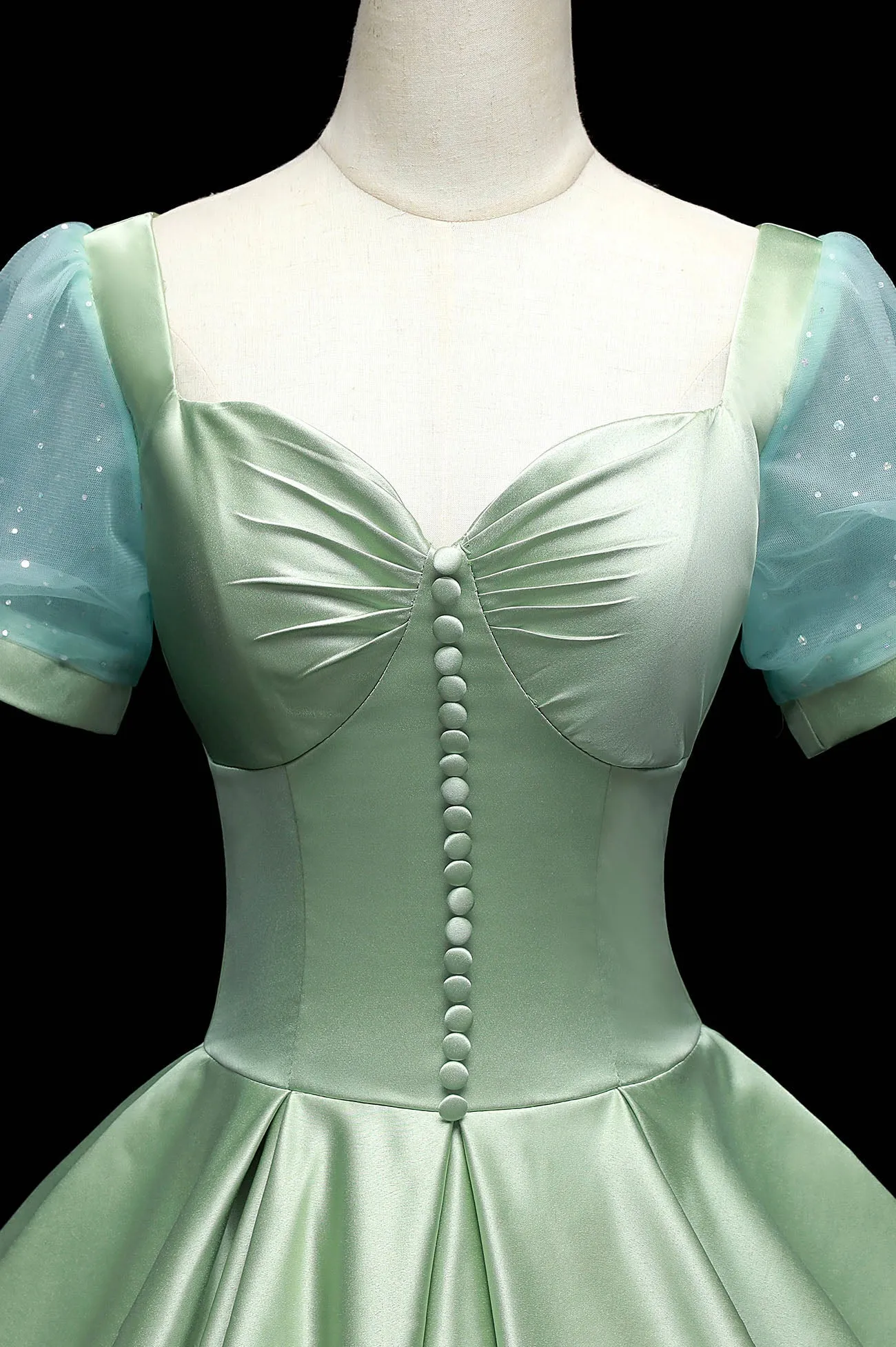 Green Satin Long A-Line Ball Gown Green Short Sleeve Evening Gown