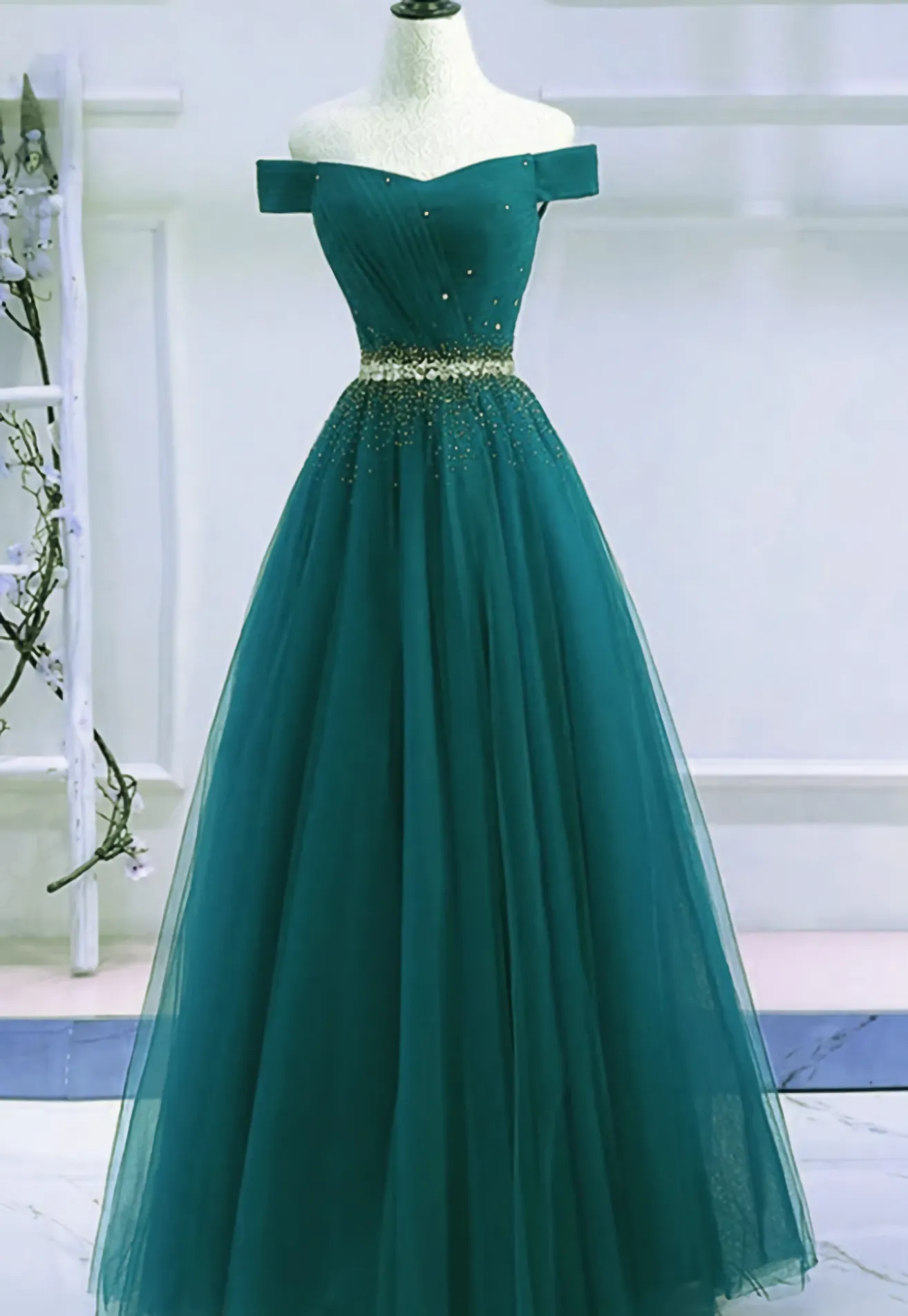 Hunter Green Off Shoulder Beaded Prom Dress Long Evening Dress Party Dress
