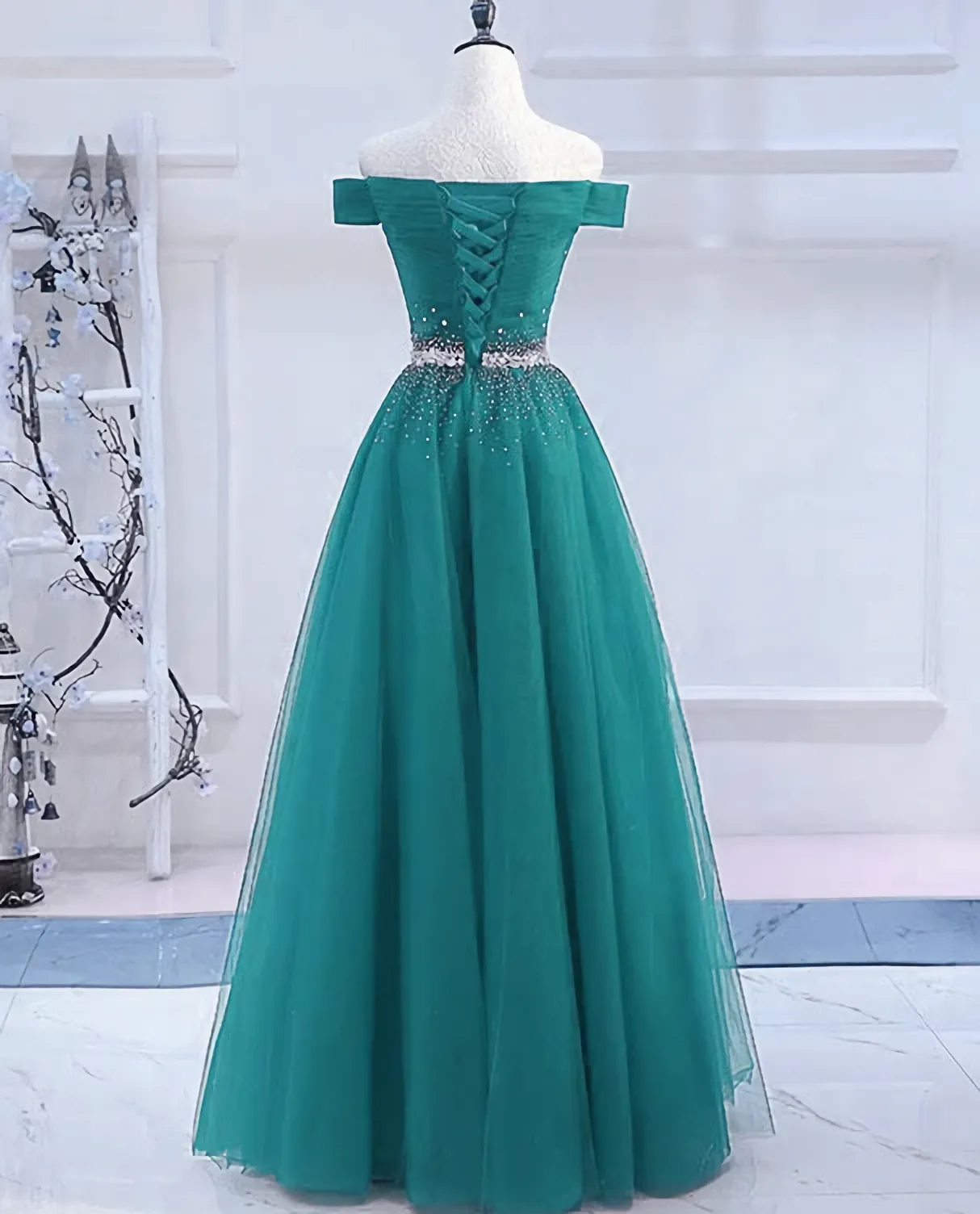 Hunter Green Off Shoulder Beaded Prom Dress Long Evening Dress Party Dress