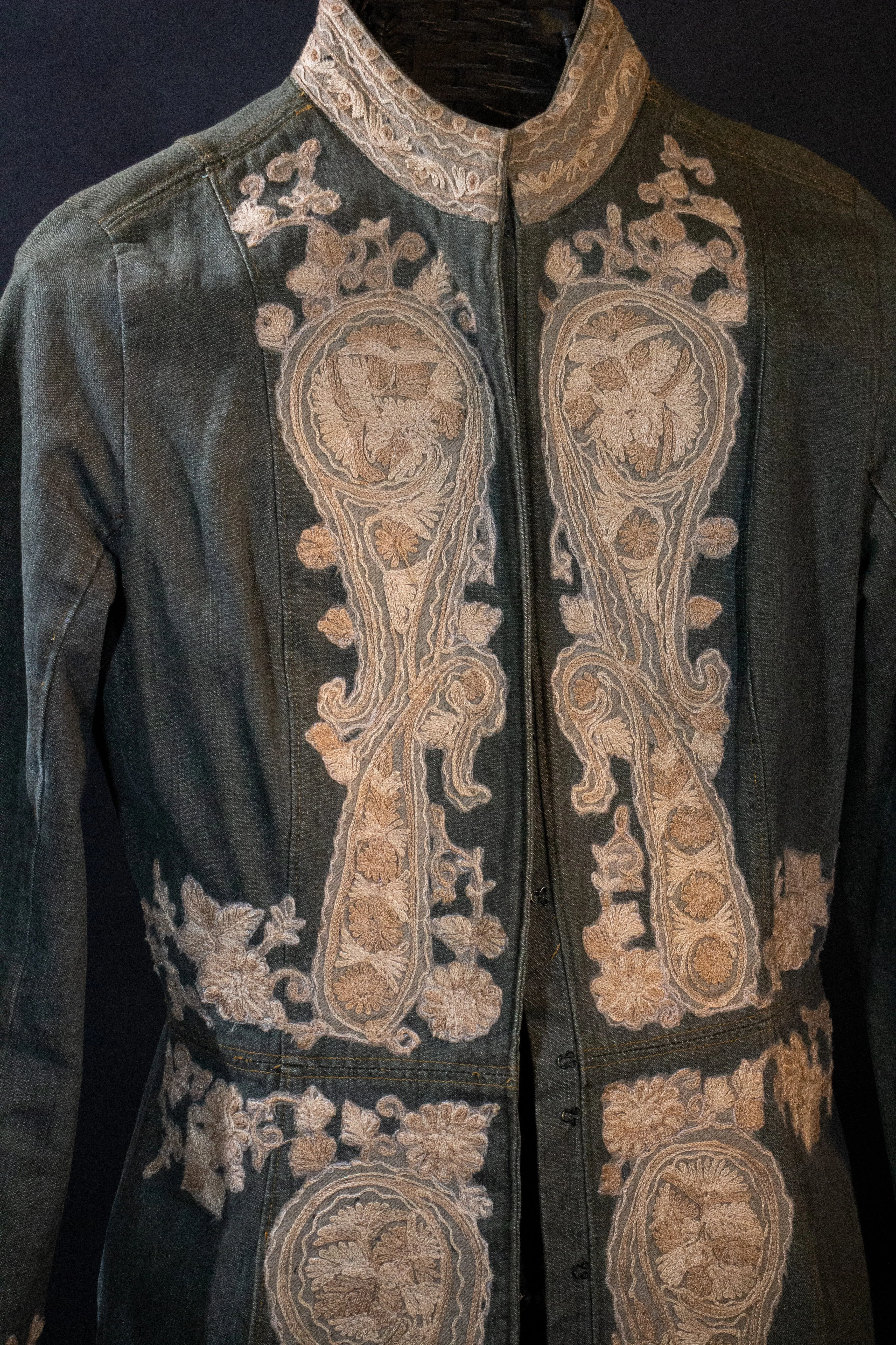 Khaki Green  Denim  Edwardian Style Embroidered Coat