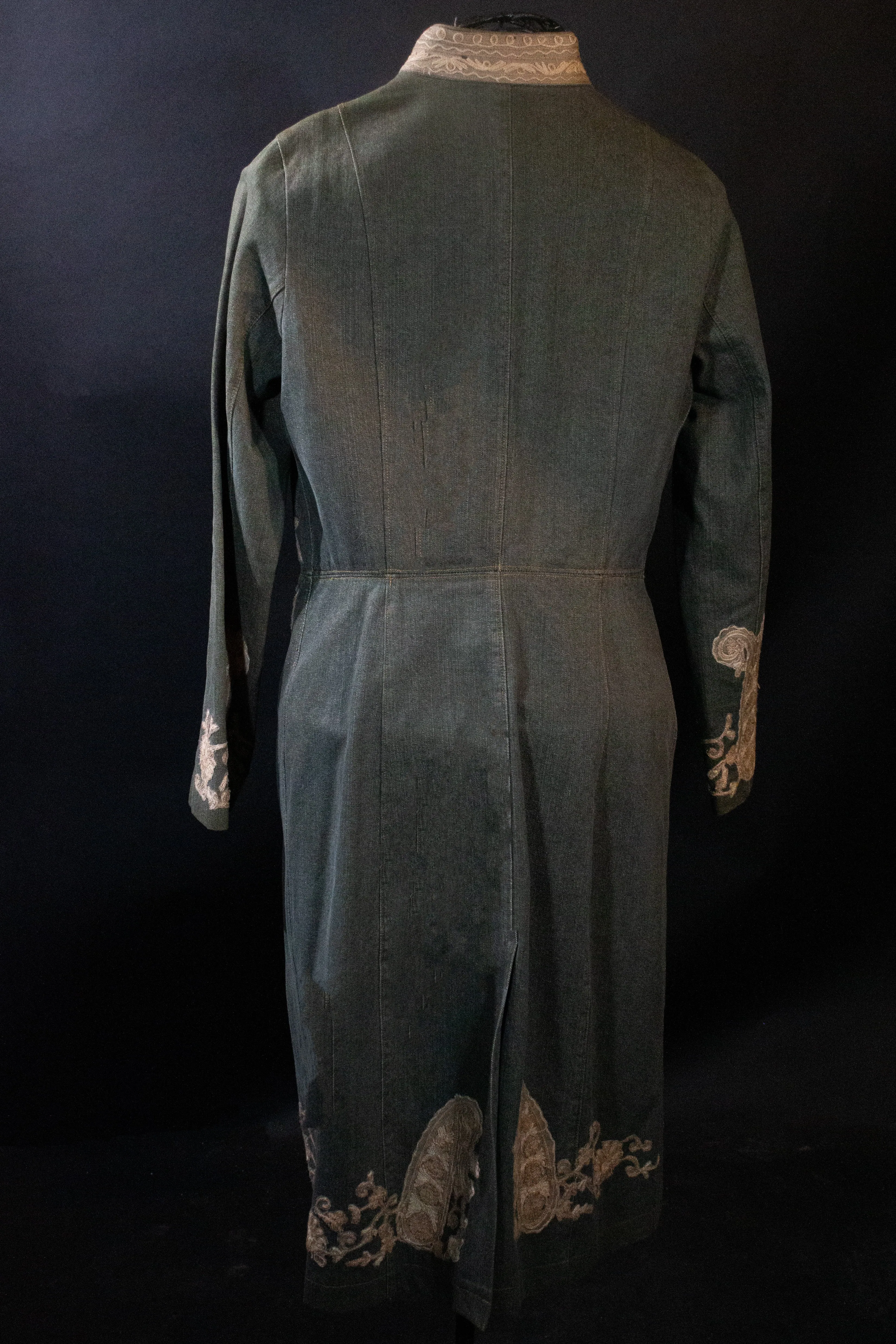 Khaki Green  Denim  Edwardian Style Embroidered Coat