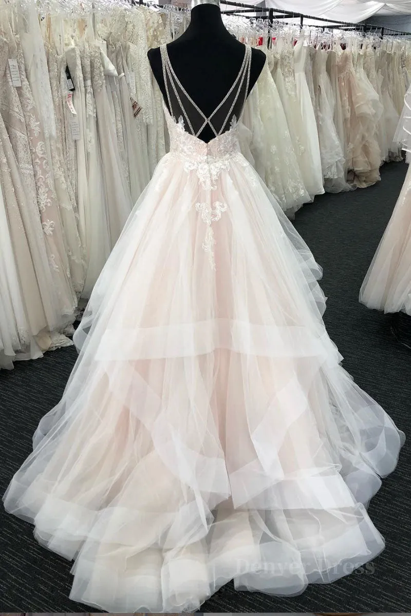 Light champagne tulle lace long prom dress tulle evening dress