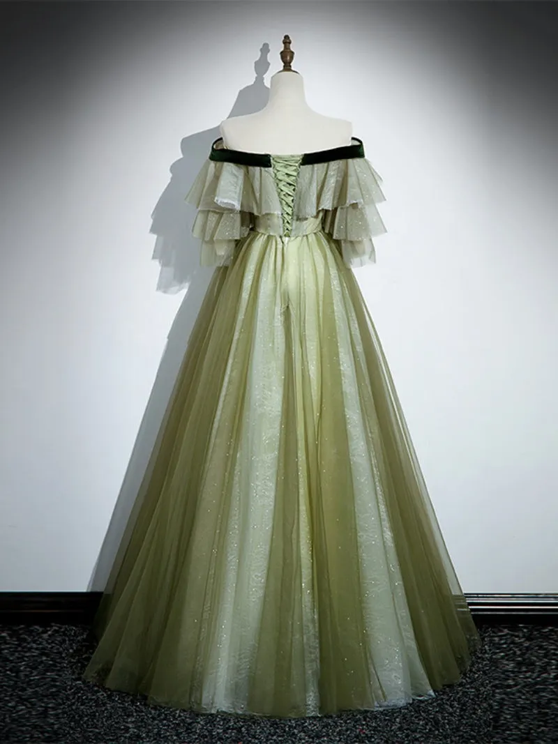 Light Green Tulle with Lace A-line Long Party Dress, Light Green Evening Dress Prom Dress