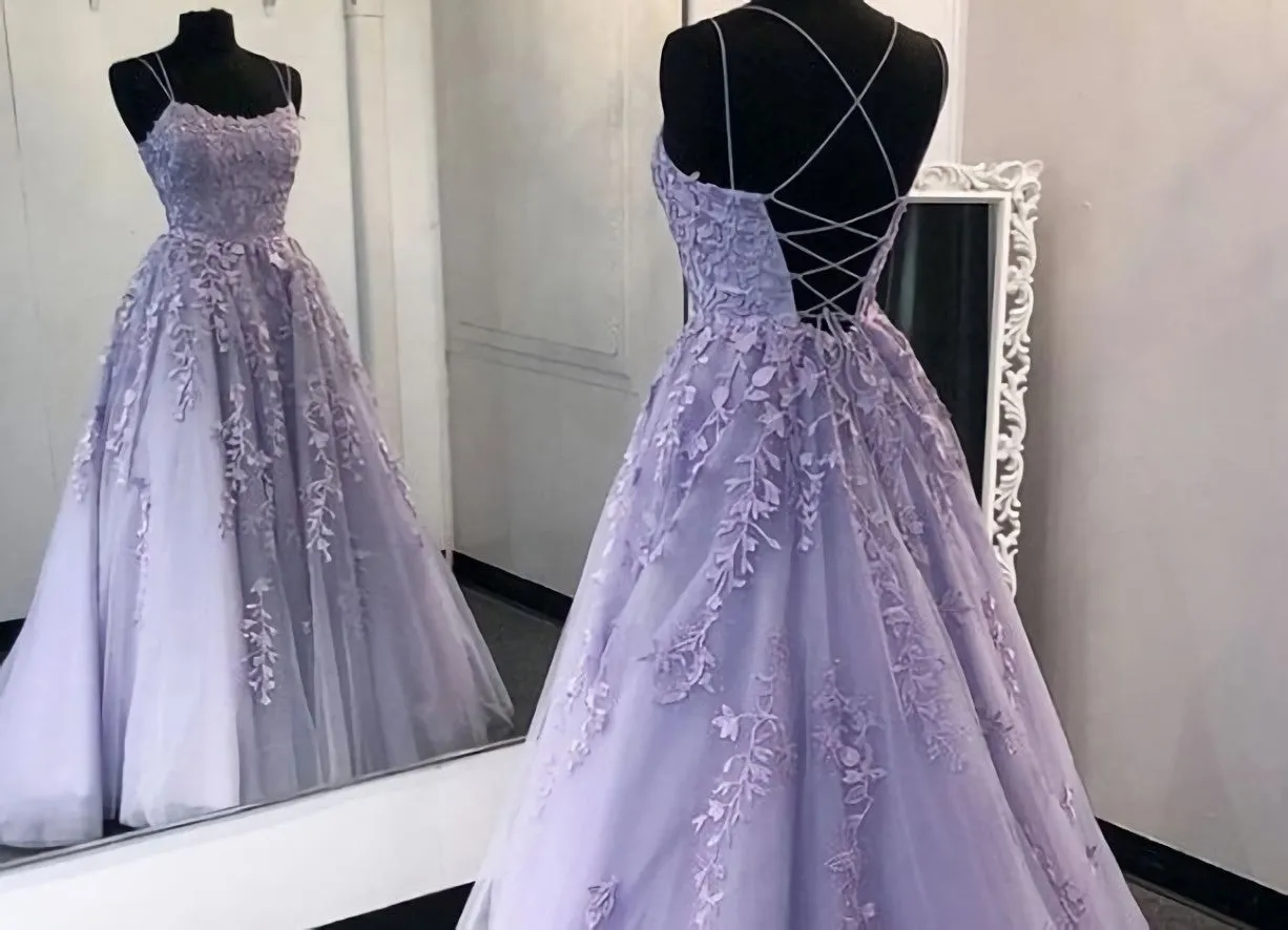 Lilac Lace Applique Prom Dresses