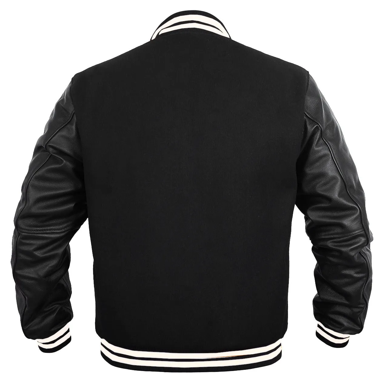Men’s Varsity Jacket Faux Leather Sleeve and Wool Body All Black (white trim)