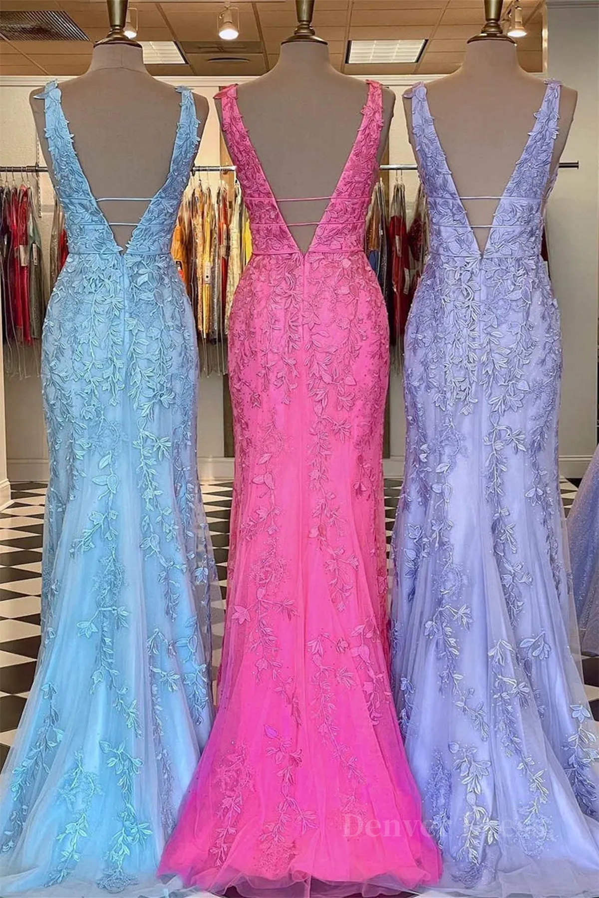Mermaid V Neck Open Back Lace Long Prom Dress Mermaid Formal Evening Dress
