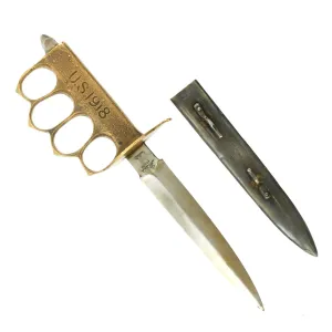 Original U.S. WWI Model 1918 Mark I Trench Knife by AU LION with Steel Scabbard - Very Good Condition