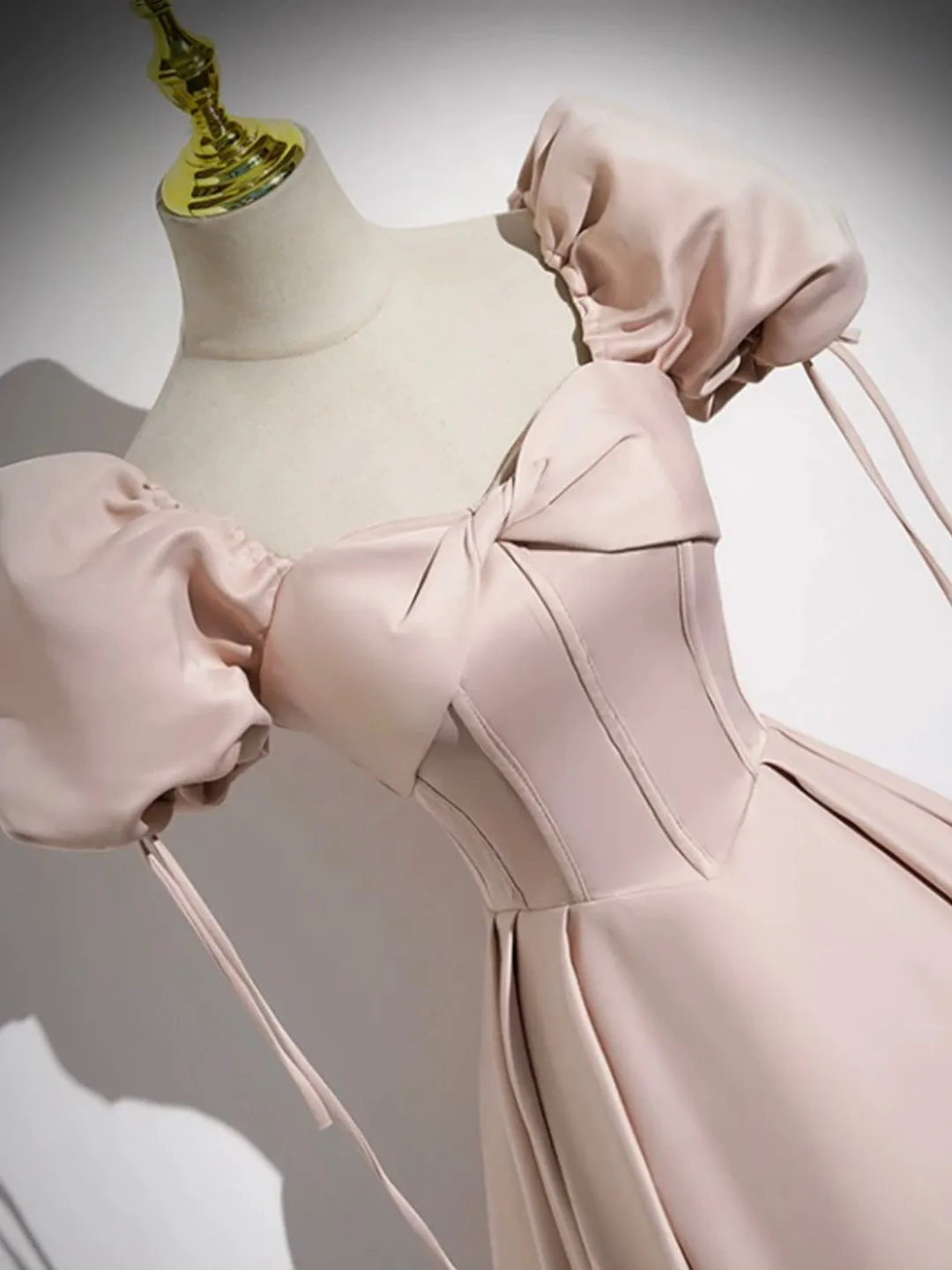 Pink Satin A-Line Floor Length Prom Dress Off Shoulder Short Sleeve Evening Dress