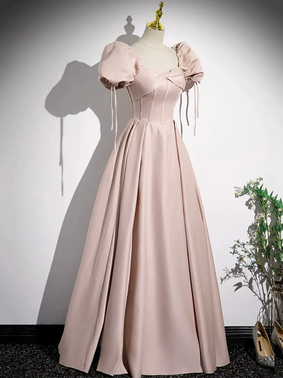 Pink Satin A-Line Floor Length Prom Dress Off Shoulder Short Sleeve Evening Dress
