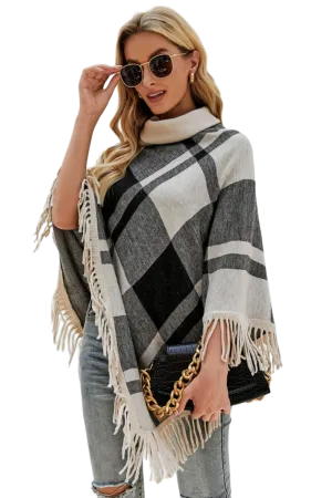 Plaid Turtleneck Fringe Hem Poncho