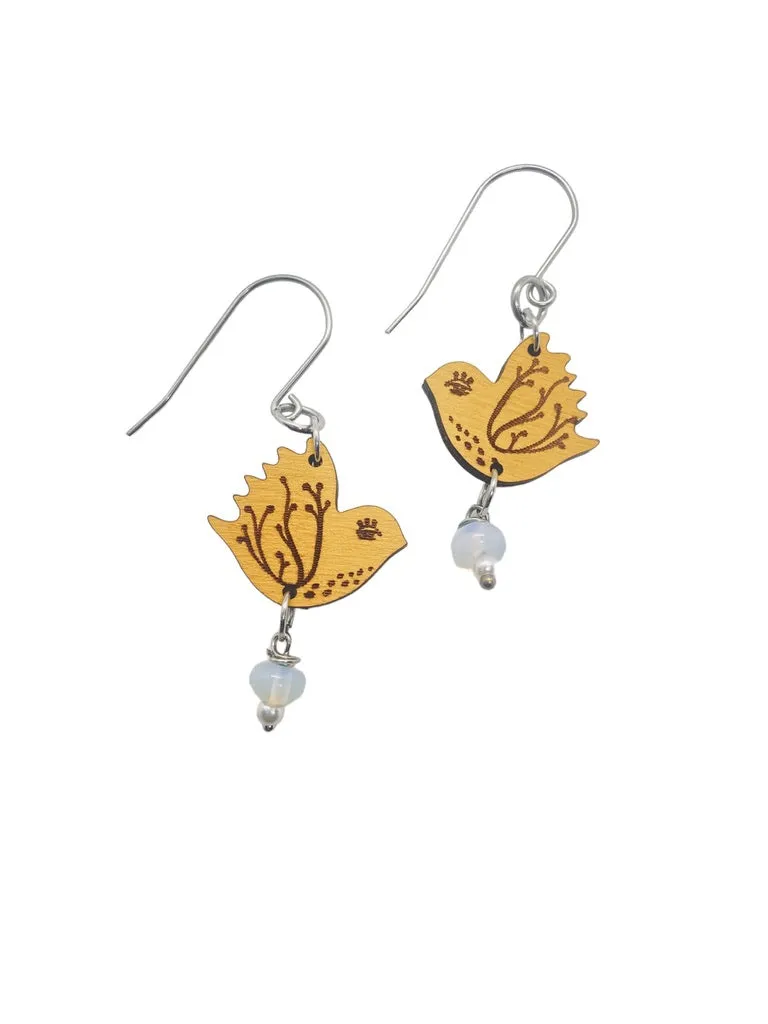 Tiny Yellow Bird Dangling Earrings, Lightweight Wooden earrings, Bird Lover Gift