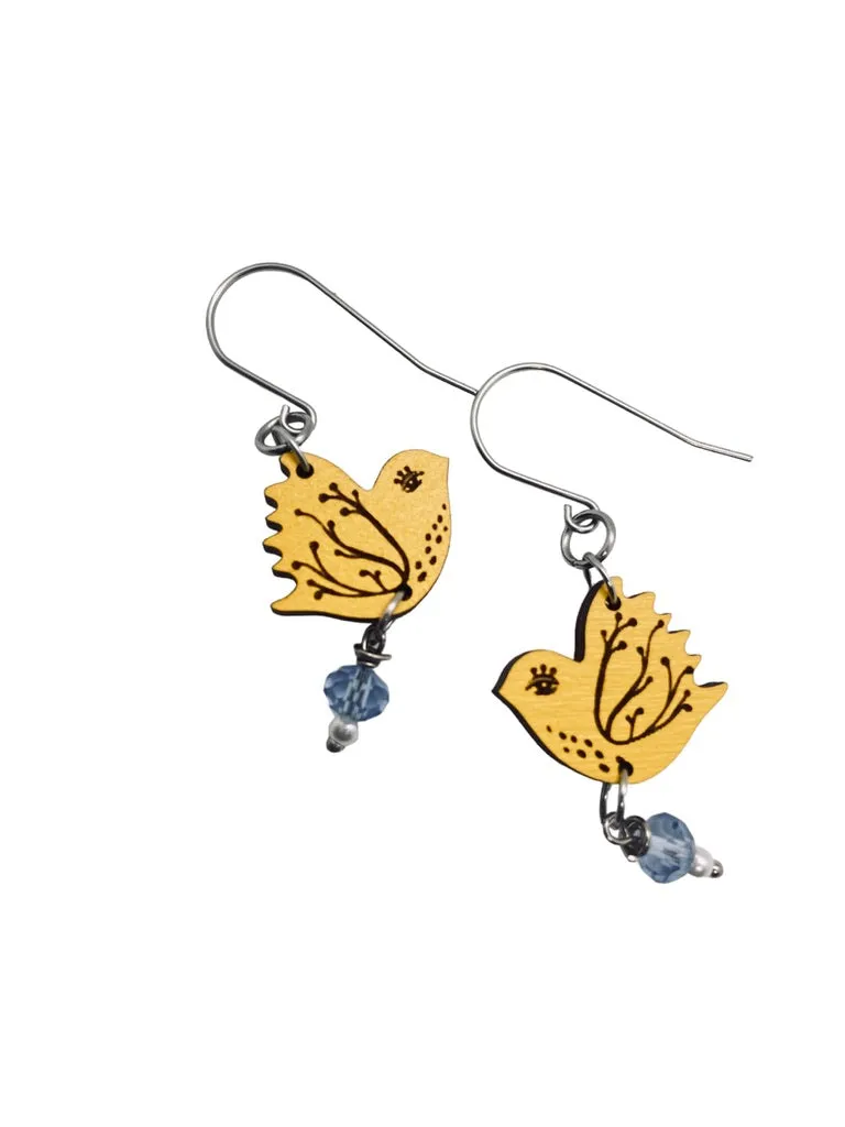 Tiny Yellow Bird Dangling Earrings, Lightweight Wooden earrings, Bird Lover Gift